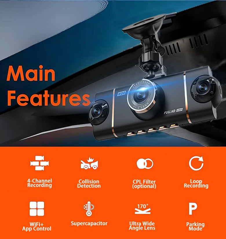 3 Inch IPS Screen 4 Lens Car Dashboard DVR Dash Camera Wifi Infrared Night Vision G-sensor 1920x1080P Video Resolution