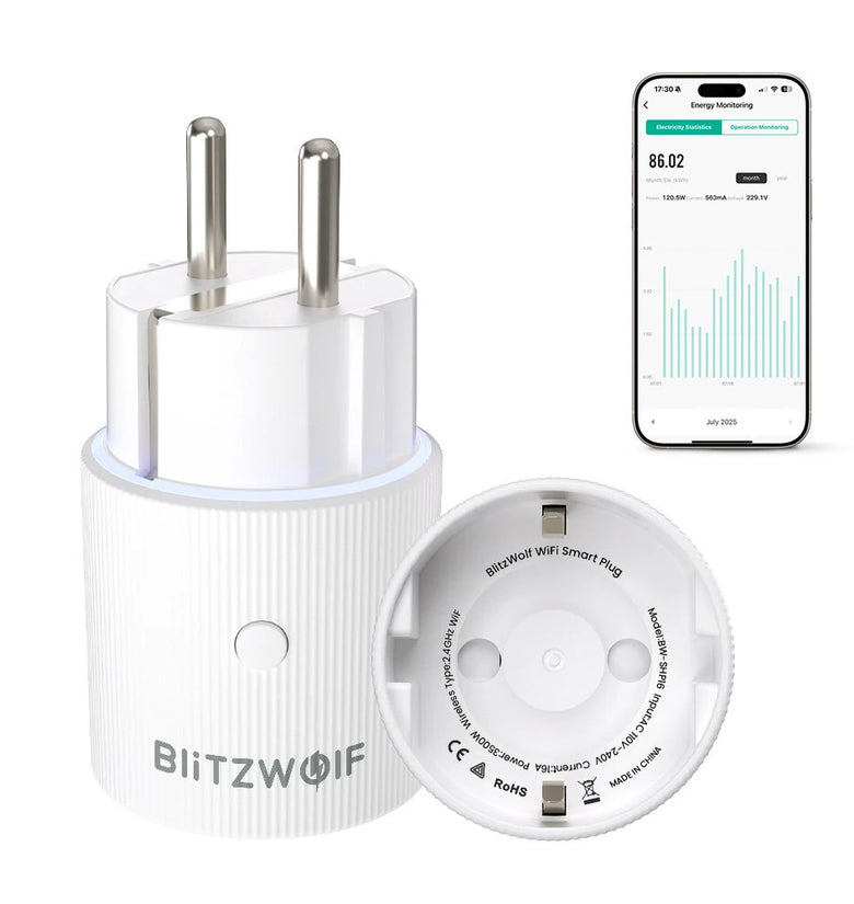 BlitzWolf BW-SHP16 16A 3500W WiFi Smart Plug Socket with RGB Lighting Energy Monitoring Power Failure Memory App & Voice Control Family Sharing Timer Function Works With Amazon Alexa Google Home