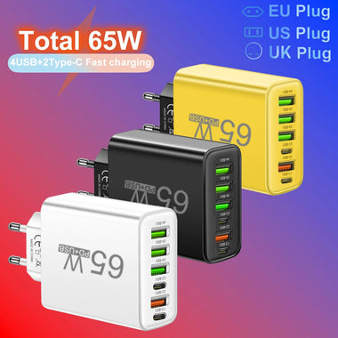 AR-880 3.1A 65W 6-Port USB PD Charger 4USB-A+2USB-C Fast Charging Wall Charger Adapter EU Plug for iPhone 15 14 13 Pro for Huawei Nova Flip for Samsung Galaxy Z Fold 6 for Xiaomi MIX Fold4