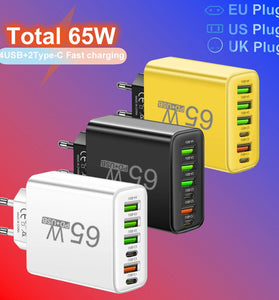 AR-880 3.1A 65W 6-Port USB PD Charger 4USB-A+2USB-C Fast Charging Wall Charger Adapter EU Plug for iPhone 15 14 13 Pro for Huawei Nova Flip for Samsung Galaxy Z Fold 6 for Xiaomi MIX Fold4