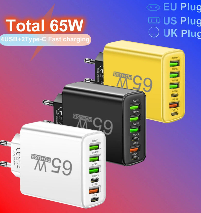 AR-880 3.1A 65W 6-Port USB PD Charger 4USB-A+2USB-C Fast Charging Wall Charger Adapter EU Plug for iPhone 15 14 13 Pro for Huawei Nova Flip for Samsung Galaxy Z Fold 6 for Xiaomi MIX Fold4
