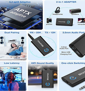 BlitzMax BT05 Transmitter Receiver bluetooth V5.2 Apt Adaptive Low Latency HiFi Sound Dual Link Pairing 2 in 1 Audio Mini Portable Adapter for PC TV Wired Speaker
