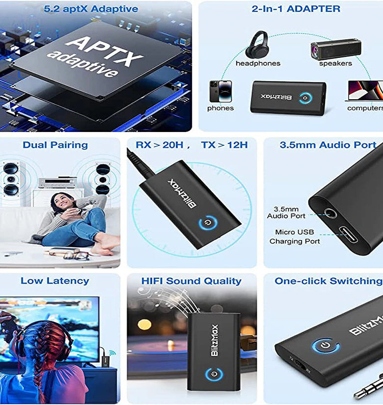 BlitzMax BT05 Transmitter Receiver bluetooth V5.2 Apt Adaptive Low Latency HiFi Sound Dual Link Pairing 2 in 1 Audio Mini Portable Adapter for PC TV Wired Speaker