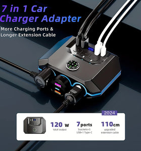 120W Car Charger Adapter 7 in 1 4 USB 3 Socket Splitter Charge Independent Switches DC Outlet Voltage Display With Compass