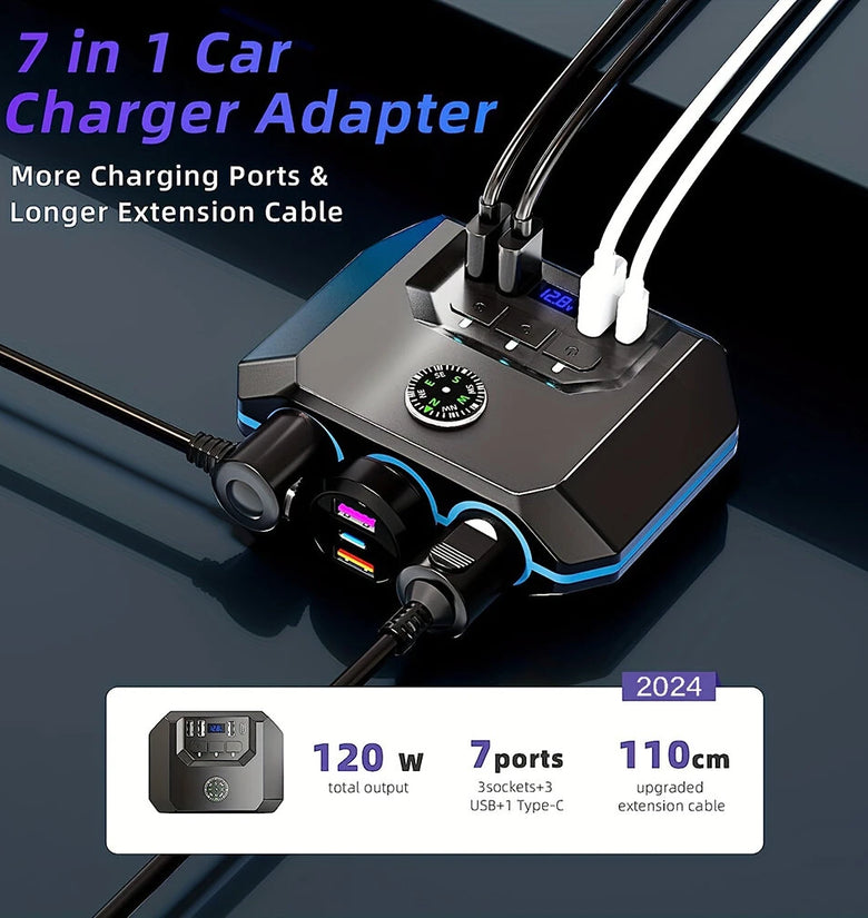 120W Car Charger Adapter 7 in 1 4 USB 3 Socket Splitter Charge Independent Switches DC Outlet Voltage Display With Compass