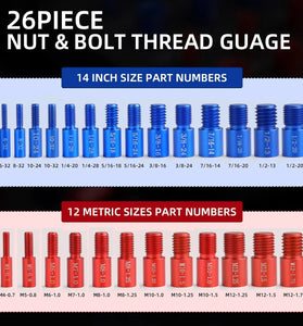 26PCS Nut and Bolt Thread Checker Nut and Bolt Size Gauge 14 Inch and 12 Metric New Individually Assembled Thread Gauge Suitable for Detecting Fixed Bolts or Threaded Holes in Enclosed Areas