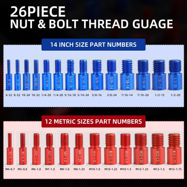 26PCS Nut and Bolt Thread Checker Nut and Bolt Size Gauge 14 Inch and 12 Metric New Individually Assembled Thread Gauge Suitable for Detecting Fixed Bolts or Threaded Holes in Enclosed Areas