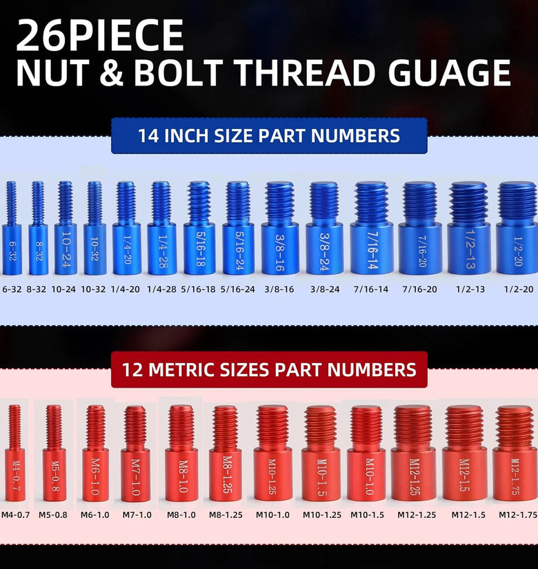 26PCS Nut and Bolt Thread Checker Nut and Bolt Size Gauge 14 Inch and 12 Metric New Individually Assembled Thread Gauge Suitable for Detecting Fixed Bolts or Threaded Holes in Enclosed Areas