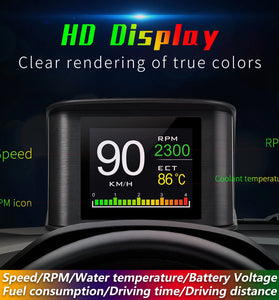 Car HUD Head-Up Display High Definition OBD2 Portable LCD Driving Display Smart Digital Meter Alarm System Speedometer Mileage Water Temperature Turbo Pressure Gauges