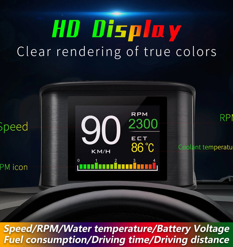 Car HUD Head-Up Display High Definition OBD2 Portable LCD Driving Display Smart Digital Meter Alarm System Speedometer Mileage Water Temperature Turbo Pressure Gauges