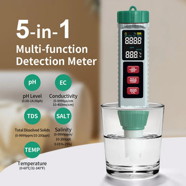 5-in-1 Water Quality Tester MF-X51 pH TDS Salinity EC Temperature Meter Accurate Portable Digital Water Analyzer for Aquariums Pools Labs Farming