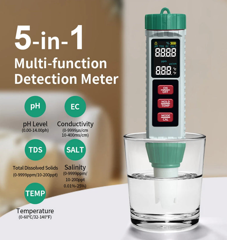 5-in-1 Water Quality Tester MF-X51 pH TDS Salinity EC Temperature Meter Accurate Portable Digital Water Analyzer for Aquariums Pools Labs Farming