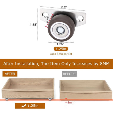Small Side Mount Caster Wheels 1.25 Inch Set of 4 Rubber Wheels Rigid Casters Furniture Rollers Underbed Drawers DIY Project Non-Marking Smooth Glide 140 LBS Capacity