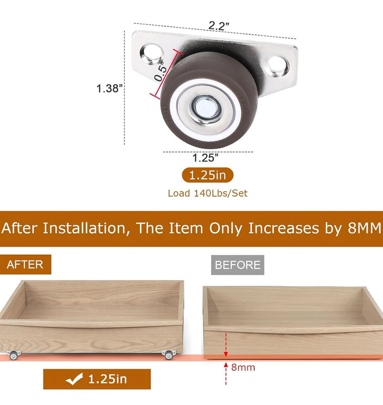 Small Side Mount Caster Wheels 1.25 Inch Set of 4 Rubber Wheels Rigid Casters Furniture Rollers Underbed Drawers DIY Project Non-Marking Smooth Glide 140 LBS Capacity