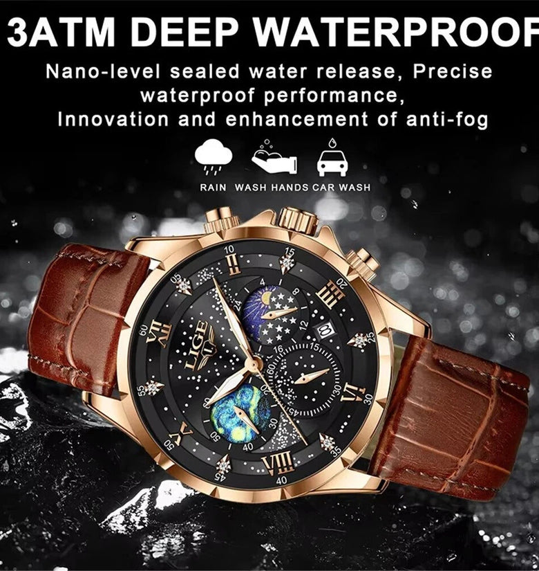 LIGE Waterproof Luminous Men's Quartz Watch Leather Strap Sports Wristwatch Male Business Casual Watch Auto Calendar