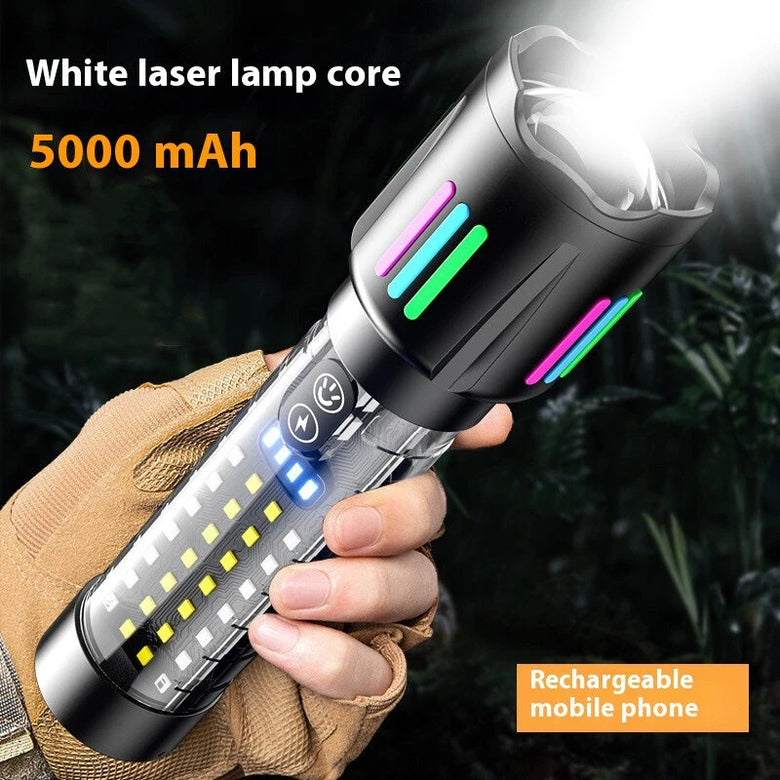 Longe Range Telescopic Zoom Whtie Spotlight LED Flashlight with Bright COB Floodlight Type-C Charging Emergency Tactical Handheld Light Multi Functional Outdoor Hiking Camping