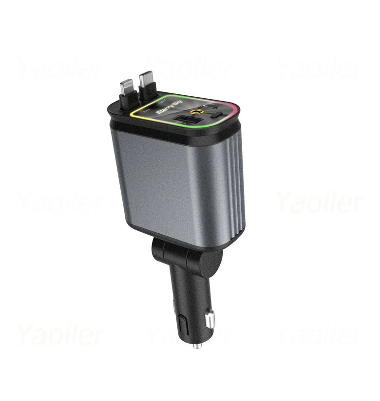 120W 4 in 1 Fast Charging Car Charger Retractable USB Charger with Ambient Light and 2 USB Ports Adapter Type C Apple Charger Port Cable
