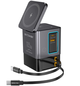 [GaN Tech]Blitzwolf i116 Max 105W 6-in-1 Power Combo Desktop Charger Station with Built-in Dual Telescopic Type-C Cable + USB-A+USB-C + 2-in-1 Wireless Charger for Smart Phones for iPhone 16 16 Pro 15 14