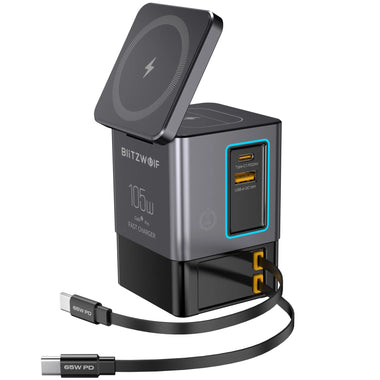 [GaN Tech]Blitzwolf i116 Max 105W 6-in-1 Power Combo Desktop Charger Station with Built-in Dual Telescopic Type-C Cable + USB-A+USB-C + 2-in-1 Wireless Charger for Smart Phones for iPhone 16 16 Pro 15 14