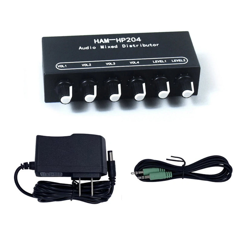 HAM-HP204 Stereo Audio Mixer Distributor Signal Selector 2 Input 4 Output 5X Magnification 3.5mm JRC NJM3414A DC 5-15V Volume Control