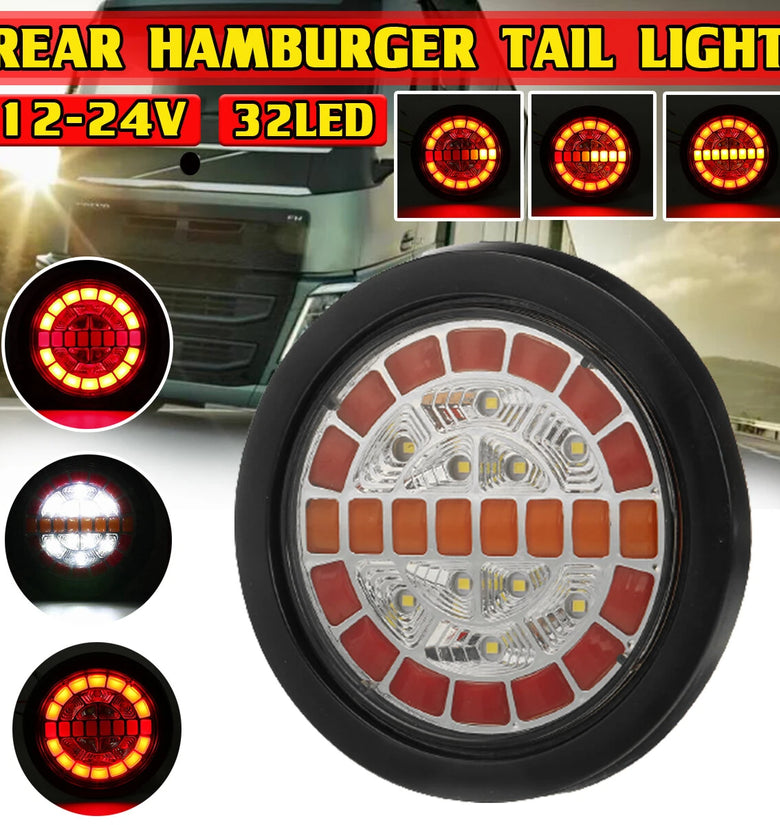 Rear Round Hamburger Led Tail Stop Lights Turn Signal Reverse Slim Lamp 12-24V