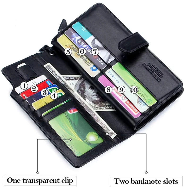 BULLCAPTAIN Men's Genuine Leather Wallet RFID Function Can Place 6.5'' Mobile Handbag High Quality Multi Card Long Wallet