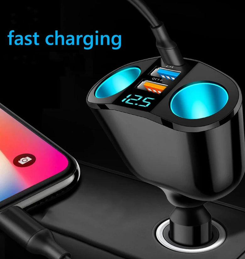 120W QC3.0 Car Charger 12V/24V Dual USB Power Adapter Fast Charging Car Lighter Socket with Blue LED Digital