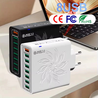 BK319 120W 8-Port USB Charger QC4.0/3.0/2.0 FCP SCP Fast Charging Wall Charger Adapter EU Plug US Plug for iPhone 16 15 14 13 Pro for Huawei Mate XT for Samsung Galaxy Z Fold6 for Xiaomi MIX Fold4