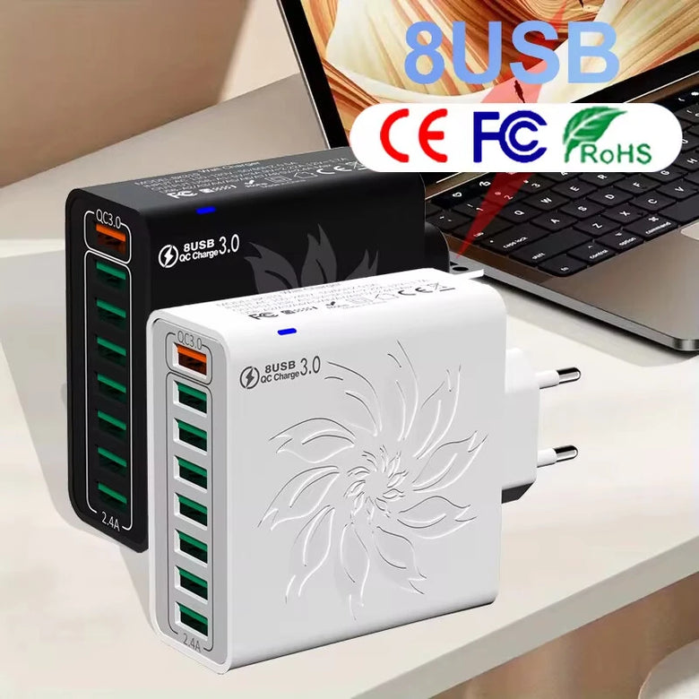 BK319 120W 8-Port USB Charger QC4.0/3.0/2.0 FCP SCP Fast Charging Wall Charger Adapter EU Plug US Plug for iPhone 16 15 14 13 Pro for Huawei Mate XT for Samsung Galaxy Z Fold6 for Xiaomi MIX Fold4