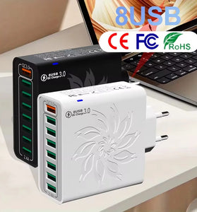 BK319 120W 8-Port USB Charger QC4.0/3.0/2.0 FCP SCP Fast Charging Wall Charger Adapter EU Plug US Plug for iPhone 16 15 14 13 Pro for Huawei Mate XT for Samsung Galaxy Z Fold6 for Xiaomi MIX Fold4