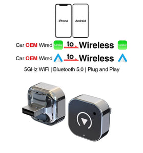 2in1 Wireless CarPlay Android Auto Adapter Convert Wired to Wireless with 5GHz WiFi USB Type C Plug and Play for Factory Car Systems