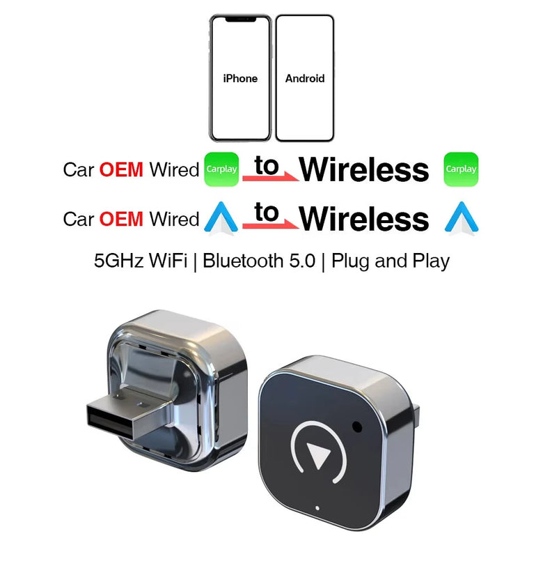 2in1 Wireless CarPlay Android Auto Adapter Convert Wired to Wireless with 5GHz WiFi USB Type C Plug and Play for Factory Car Systems
