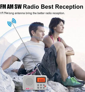 Portable AM FM SW Radio LCD Display DSP Technology 3W Speaker 60 Station Memory Alarm Clock Battery USB Powered