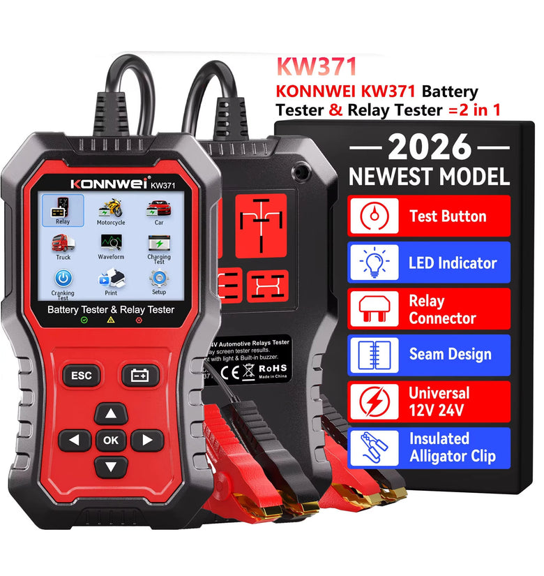 KONNWEI KW371 2 in 1 Car Battery Tester Relay Tester 4/5 Pin 6V 12V 24V Fault Data Printing Start Test Charging Scan Tool