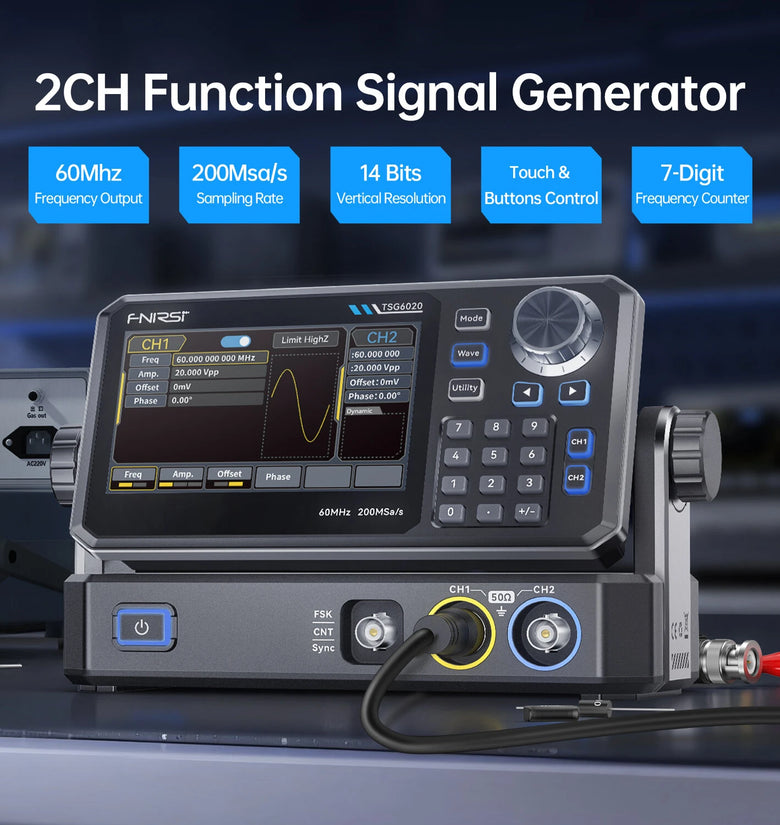 FNIRSI TSG3020 TSG6020 Signal Generator 60MHz Max Frequency 14-bit Resolution 200MSa/s Dual Channel Function Arbitrary Waveform Generator Linear Logarithmic Sweep Modes 4.3 Inch TFT Screen