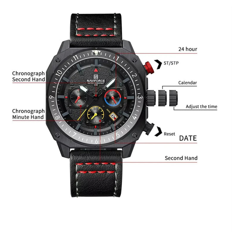 NAVIFORCE Multifunction Waterproof Sports Watch Quartz Luxury Square Wristwatch Fashion Leather Luminous Design for Men