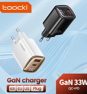 [GaN Tech] Toocki TCT33-22EU 33W 2-Port USB PD Charger USB-A+USB-C PD3.0 QC3.0 Fast Charging Digital Display Wall Charger Adapter EU Plug for iPhone 16 Pro 15 14 Pro Max 13 12 for Huawei Pura X for Samsung Galaxy S25 Ultra