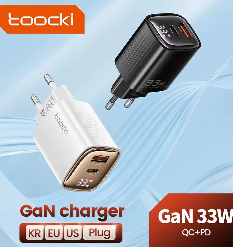 [GaN Tech] Toocki TCT33-22EU 33W 2-Port USB PD Charger USB-A+USB-C PD3.0 QC3.0 Fast Charging Digital Display Wall Charger Adapter EU Plug for iPhone 16 Pro 15 14 Pro Max 13 12 for Huawei Pura X for Samsung Galaxy S25 Ultra