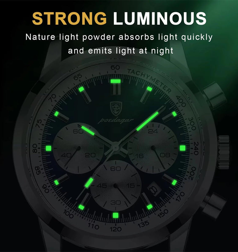 POEDAGAR Men's Luminous Waterproof Quartz Watch Fashion Comfortable Leather Multi-function Business Casual Wristwatch