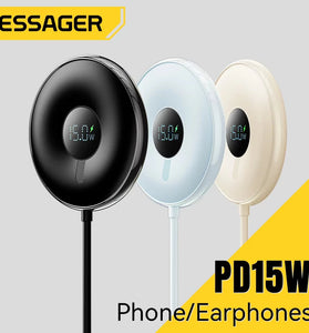 ESSAGER ES-WC10 15W Digital Display Magnetic Wireless Charger Fast Wireless Charging Pad for Smart Phones for iPhone 16 15 14 13 Pro for Huawei Mate XT for Samsung Galaxy Z Fold6 for Xiaomi MIX Fold 4 for Airpods