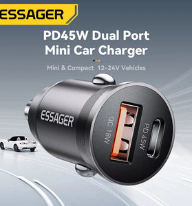 ESSAGER ES-CC15 45W 2-Port USB PD Car Charger Adapter USB-A+USB-C PD3.0 QC3.0 Support AFC FCP iP2.4A Fast Charging for iPhone 16 16 Pro 15 14 13 Pro Max for Huawei Pura X for Xiaomi 15pro for Samsung Galaxy S25 Ultra