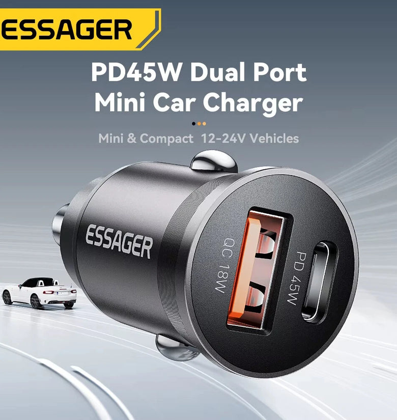 ESSAGER ES-CC15 45W 2-Port USB PD Car Charger Adapter USB-A+USB-C PD3.0 QC3.0 Support AFC FCP iP2.4A Fast Charging for iPhone 16 16 Pro 15 14 13 Pro Max for Huawei Pura X for Xiaomi 15pro for Samsung Galaxy S25 Ultra
