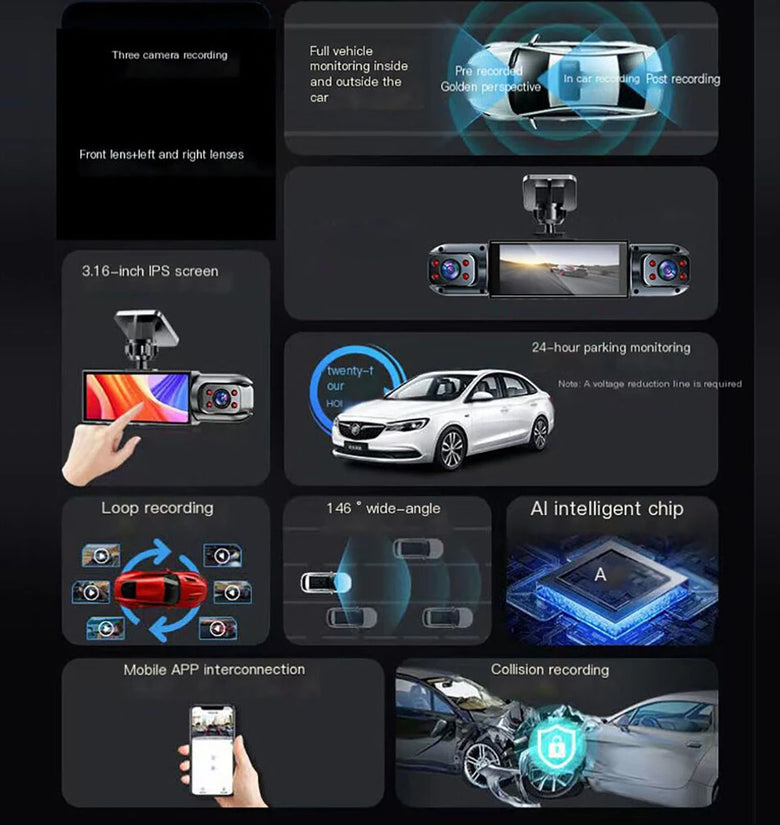 4 Lens Car Dash Cam Front Back Left Right Driving Recorder DVR Motion Detection Loop Recording Night Vision Mobile App Wide Angle Camera With / Without Wiff