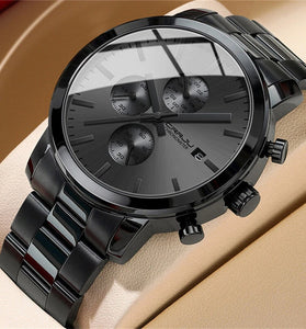 CRRJU Mens Chronograph Watch, Stainless Steel Strap Men Watch, Fashion Waterproof Black Wristwatch with a Box Male Ideal Choice for Gifts