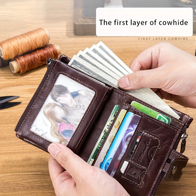 BULLCAPTAIN Genuine Leather Men's Wallet, Large Capacity RFID Blocking Wallet, Casual Retro Multifunctional Card Slots Purse, Card Bag with Anti-lost Chain,Wallet Gifts for Men with Gift Box