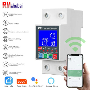 WiFi Smart Circuit Breaker 63A 230V 6kA Overcurrent Leakage Protection Bidirectional Metering Backlit Display