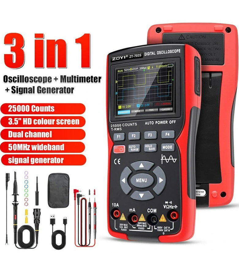 ZOYI 703S 3-in-1 Dual Channel 50MHZ Bandwidth Handheld Oscilloscope Multimeter Generator 280MSa/s High Sampling Professional Oscilloscope 25000 Count Digital Multimeter