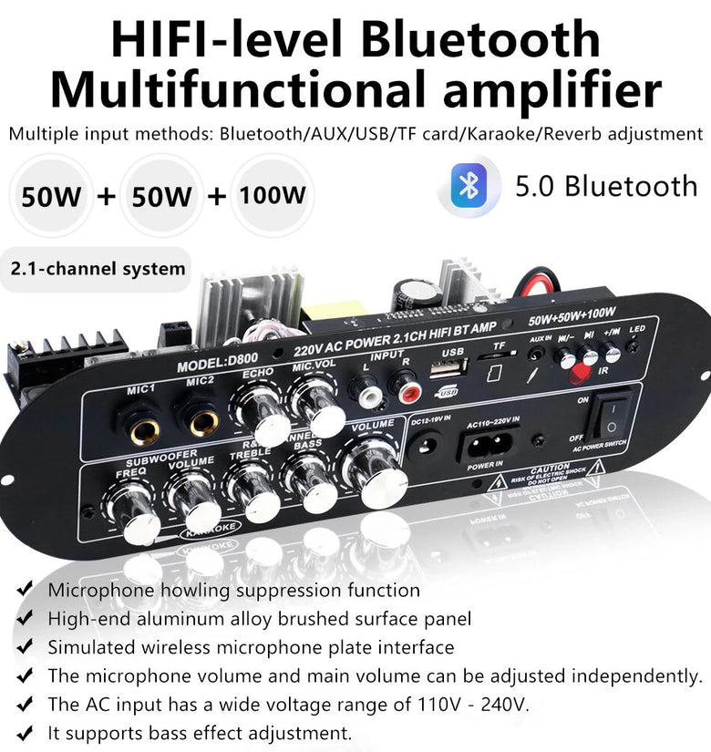 D800 D900 2.1 Channel Bluetooth Audio Amplifier Board 50W Subwoofer 100W HiFi Wireless Speaker Support AUX USB TF Card