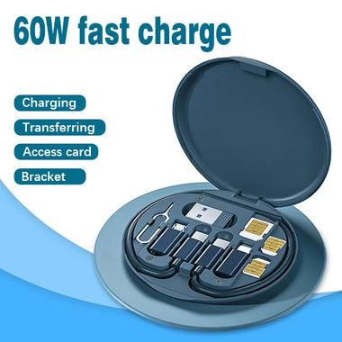 RC-190 60W Mini Data Cable Storage Kit Box Type-C to Type-C Cable with USB/Android/iP Converter Port Mobile Phone Holder Multifunctional Box