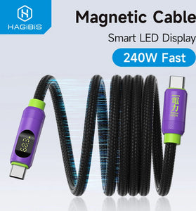 Hagibis SX04S 240W Magnetic USB-C to USB-C Cable with LED Display PD3.1 Fast Charging Data Transmission Copper Core Line 1M/2M Long for iPhone 16 16 Pro 15 15 Plus for Huawei Mate XT for Xiaomi 15pro for Samsung Galaxy Z Flip6
